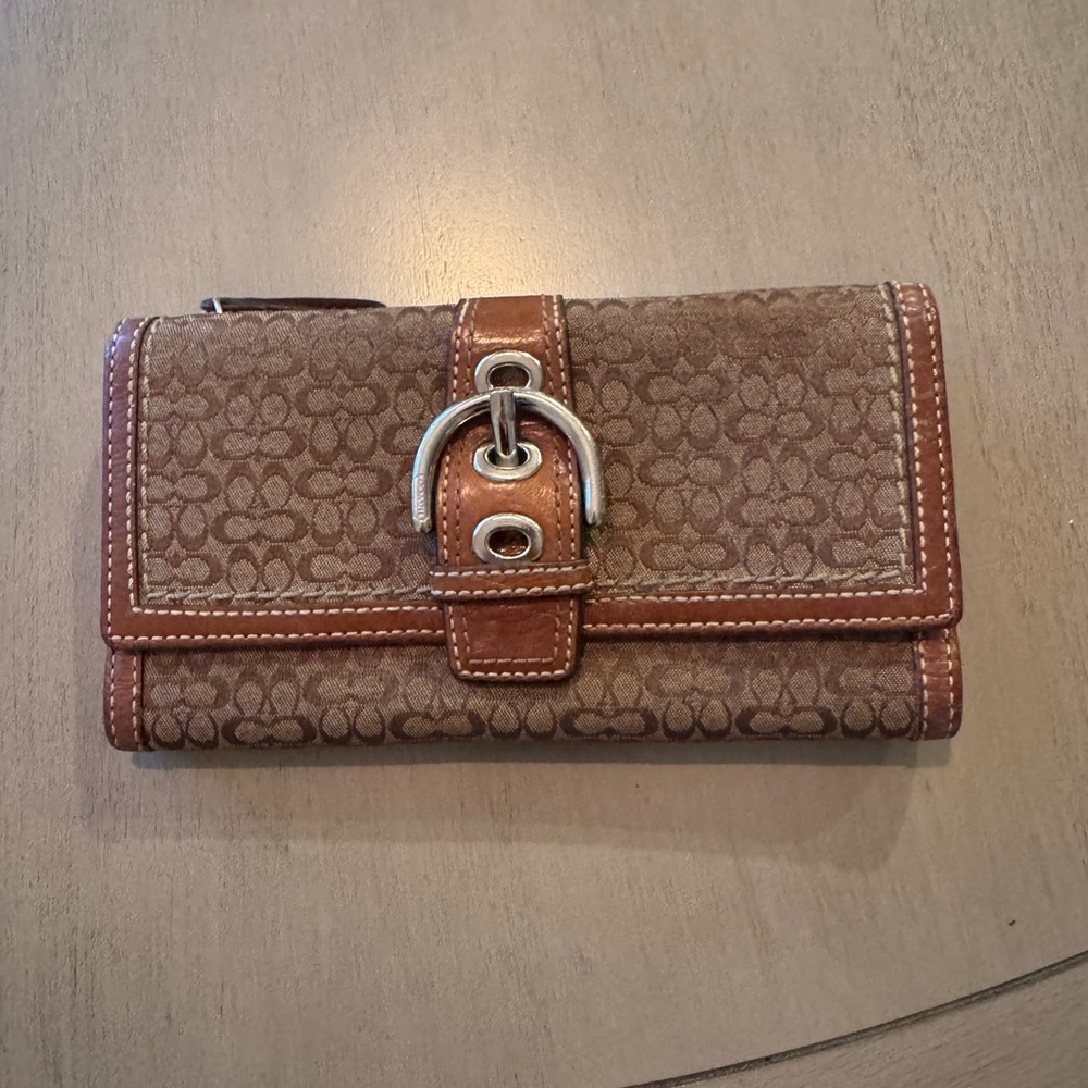 Coach Brown Signature Canvas Wallet with Leather Trim and Buckle